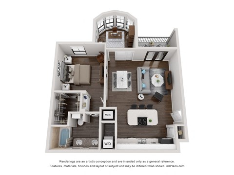 Floor plan for 1 bed, 1 bath, 975 sqft